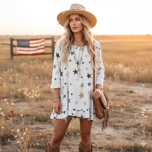 Paper Lace Womens L Tunic Dress Ruffles Pockets Stars Boho Americana Lagenlook